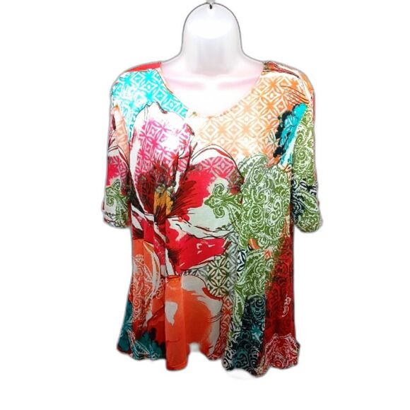 Chico's 100% Rayon Abstract Foral Print Blouse/Tunic Woman 2 V-Neck. Multicolor - Picture 1 of 12